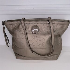 Coach Metallic Taupe Leather Tote with Signature Stitching